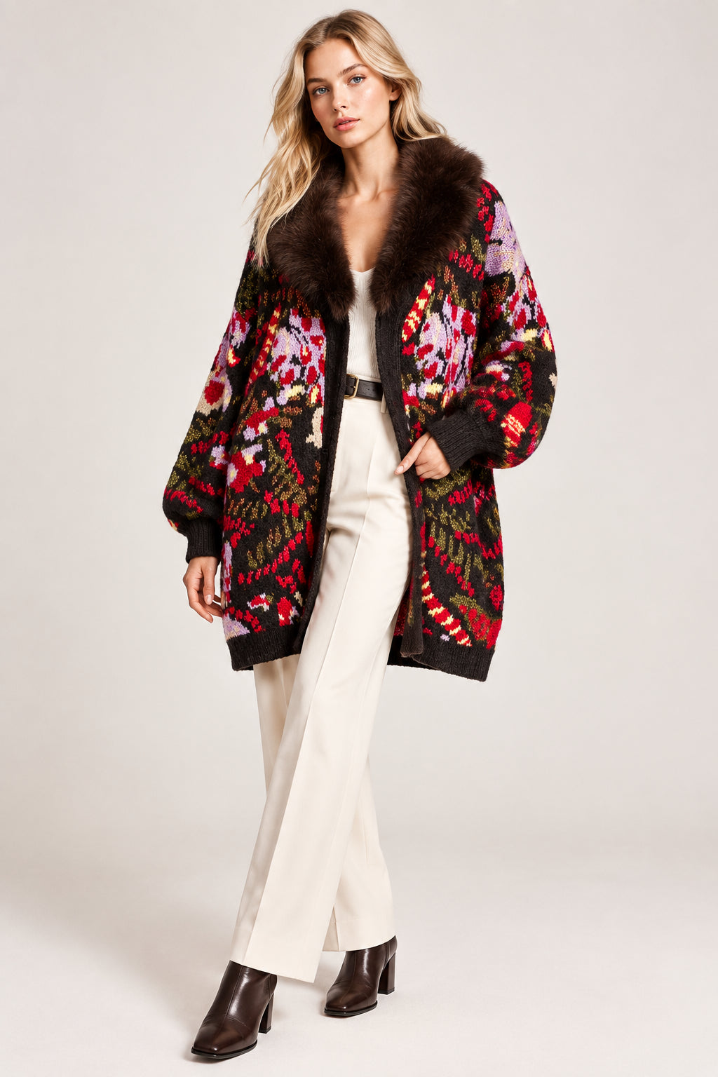 Cardigan Jacquard Abstract Collo Pelliccia AYFEE - CAM2670301