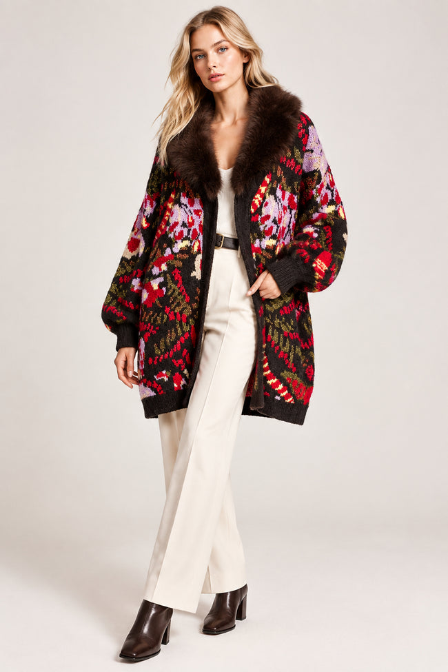Cardigan Jacquard Abstract Collo Pelliccia AYFEE - CAM2670301